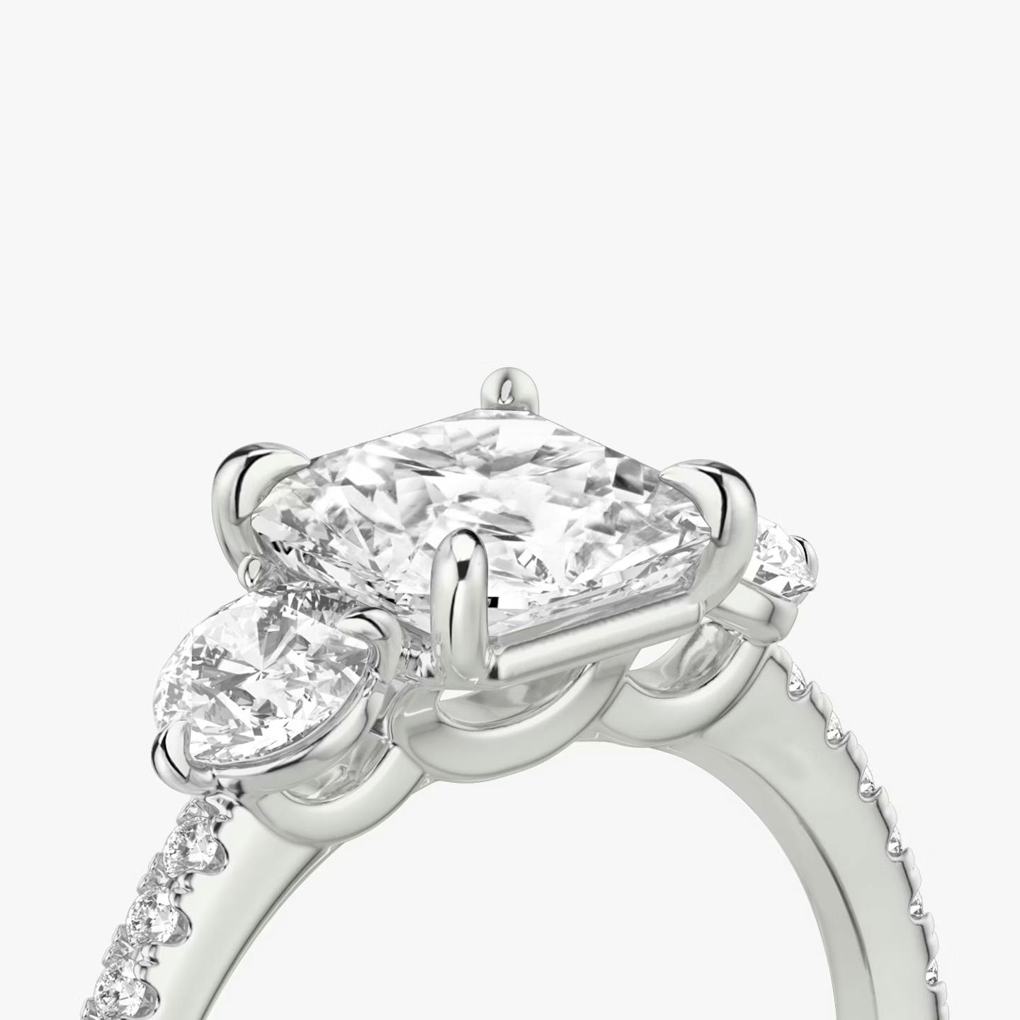 The Three Stone | Asscher | Platinum | Band: Pavé | Side stone carat: 1/4 | Side stone shape: Round Brilliant | Diamond orientation: vertical | Carat weight: See full inventory